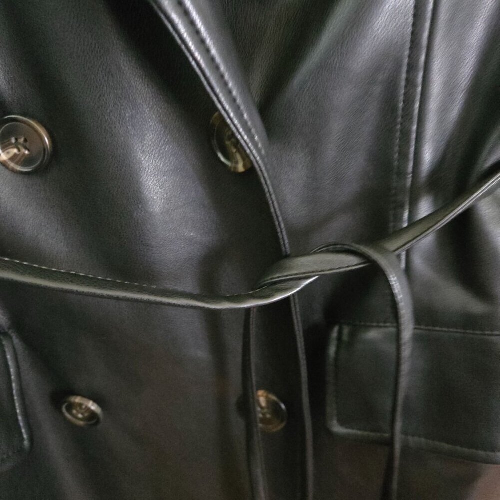 Avec Les Filles Black Faux Leather Double-Breasted Belted Trench Coat Size L - Picture 9 of 12